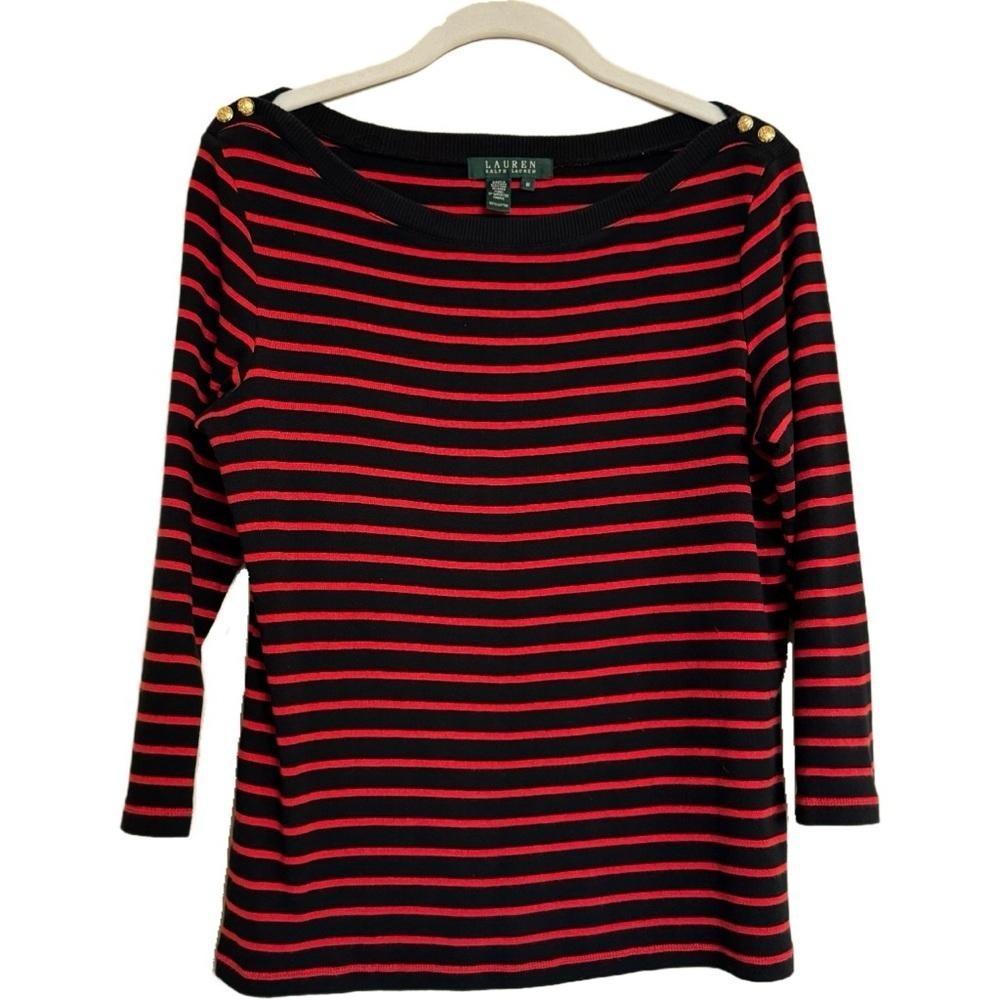 LAUREN Ralph Lauren Red and Blue Striped Nautical Marine Top Sz M Gold Buttons
